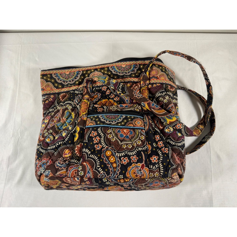 Vera Bradley Java Blue Paisley Quilted Cotton Shoulder Tote Bag Zippered Brown